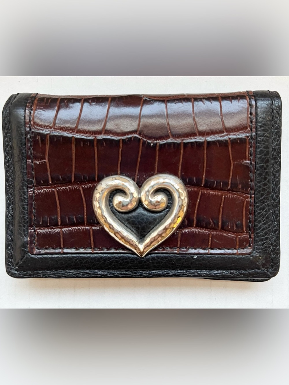 Brighton Bellissimo Heart Wallet Card Case. Brown Croc Embossed, Leather Trim. - Picture 3 of 7